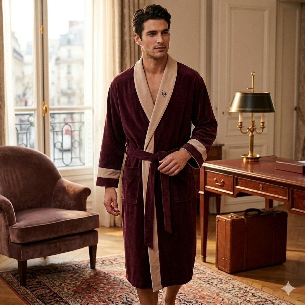 Vintage Christian Dior Monsieur Mens Vintage Velour Robe Plum Purple Cream OS